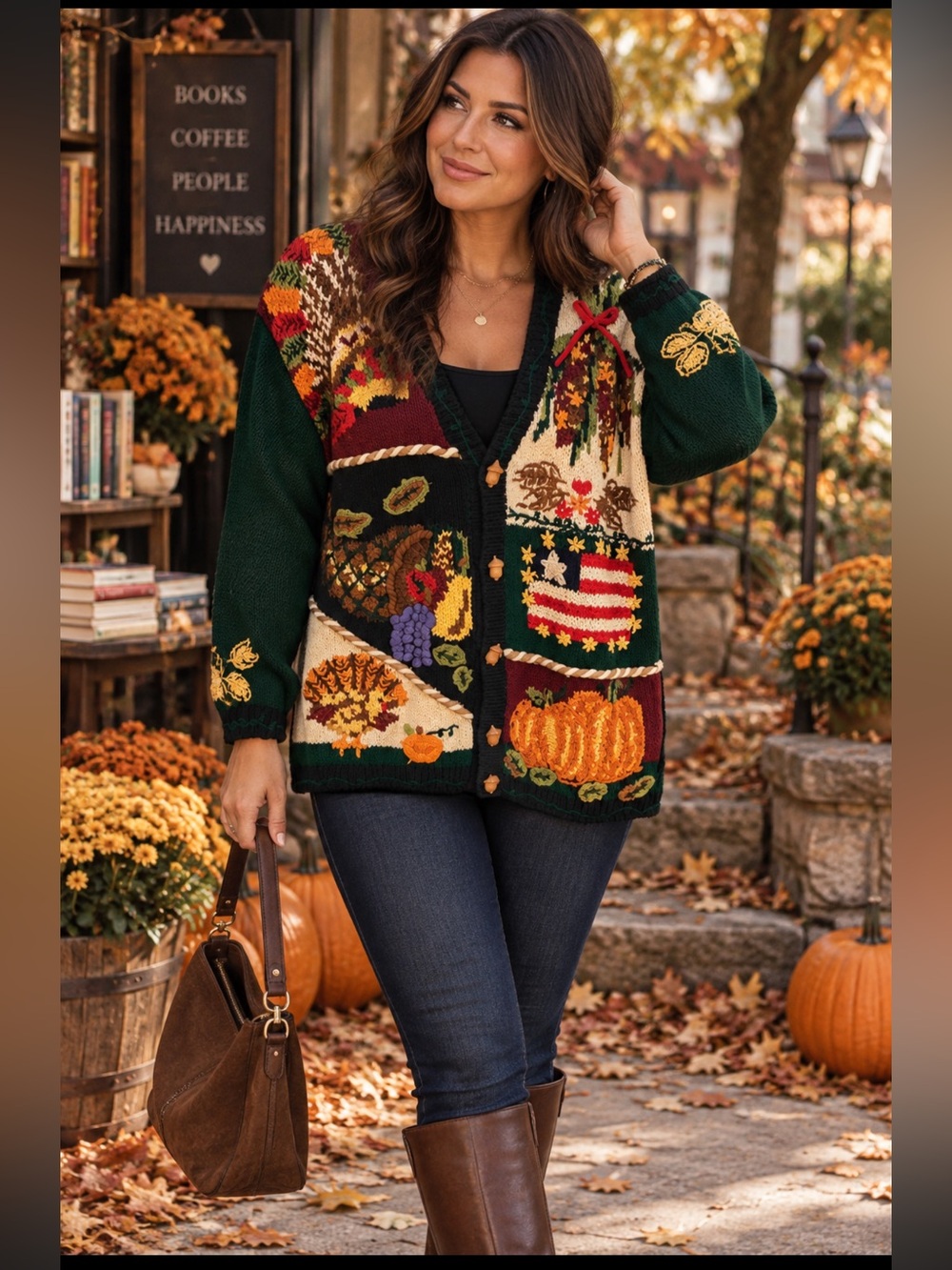 Vintage hand knit fall embroidered chunky cardigan sweater
